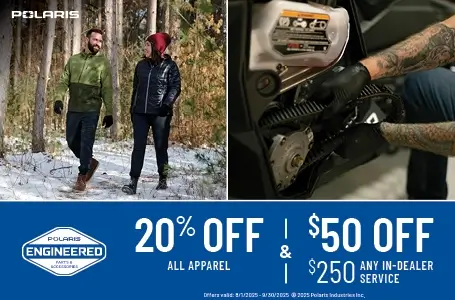 Save 20% off Apparel, 20% off Garage Essentials/Vehicle Care and $50 off $250+ in Any In-Dealer Service now through September 30th.