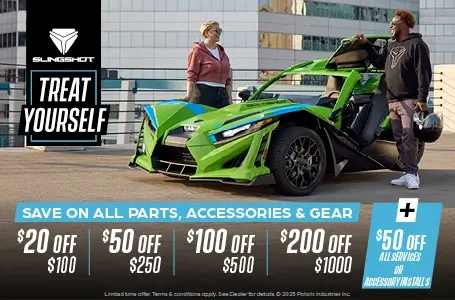 Promotion of $20 off $100, $50 off $250, $100 off $500, and $200 off $1000 off Slingshot parts, accessories, and gear.