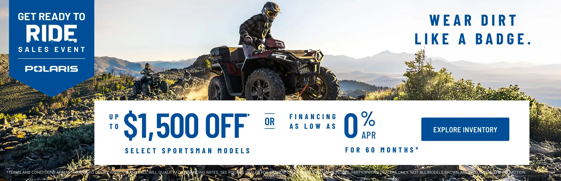 Polaris ATV trail riding. Up to $1500 Off Select Sportsman Models.
Financing as Low as 0% for 60 months.