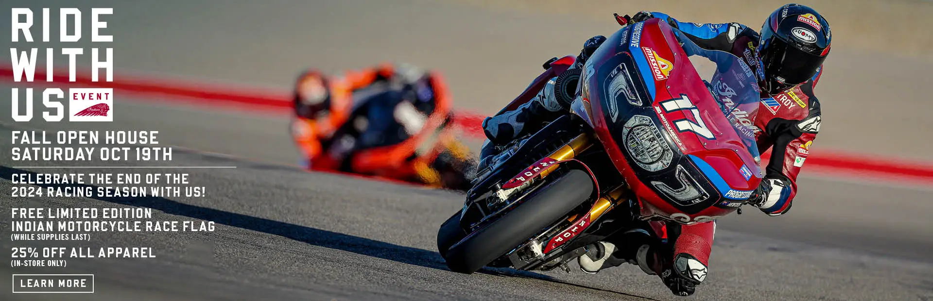 Indian Challenger race bike racing on track Join Us for Our Fall Open House Saturday, October 19th.