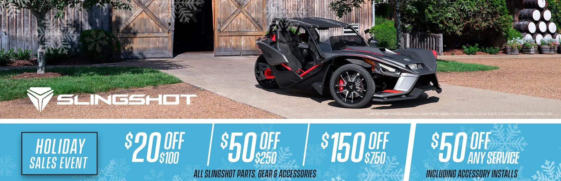 Couple walking towards Polaris Slingshot. Promotional Offer: $20 off $100, $50 off $250, $150 off $750.