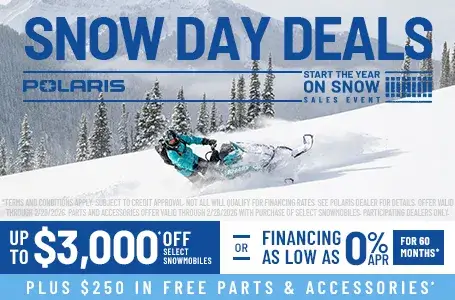 Polaris Snowmobiles is offering financing as low as 0% for 60 months OR up to $3,000 off on select snowmobiles for New Years Sales Event - Start The Year On Snow.