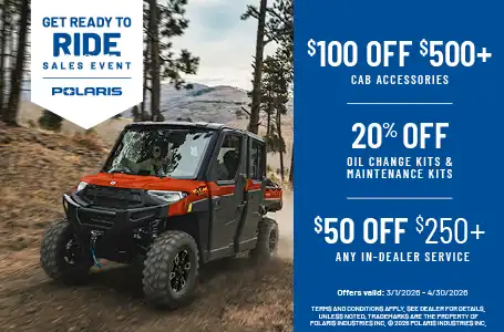 Save $100 Off $500+ Cab Accessories,
20% Off Oil Change Kits & Maintenance Kits and
$50 Off $250+ Any In-Dealer Service now through April 30th