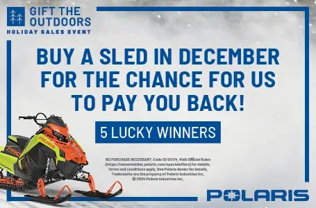 Polaris Snowmobiles is offering a chance to win free reimbursement for the price of your sled with any purchase in December. Plus, get up $3,000 off on select snowmobiles.