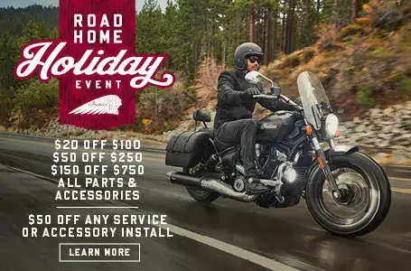 Riding profile image of accessorized Indian Super Scout Promotional Offer: $20 off $100, $50 off $250, $150 off $750 & $50 off any service or accessory install.