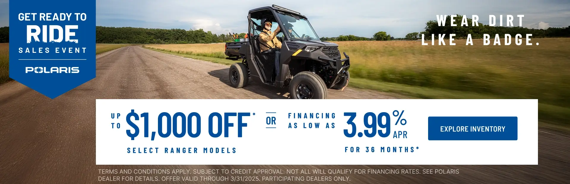 Polaris RANGER up to $1000 Off Select Models. Financing as Low as 3.99% for 36 months.