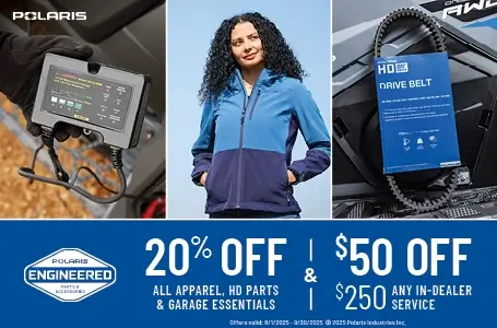 Save 20% off Apparel, 20% off Heavy Duty Parts, 20% off Garage Essentials/Vehicle Care and $50 off $250+ in Any In-Dealer Service now through September 30th