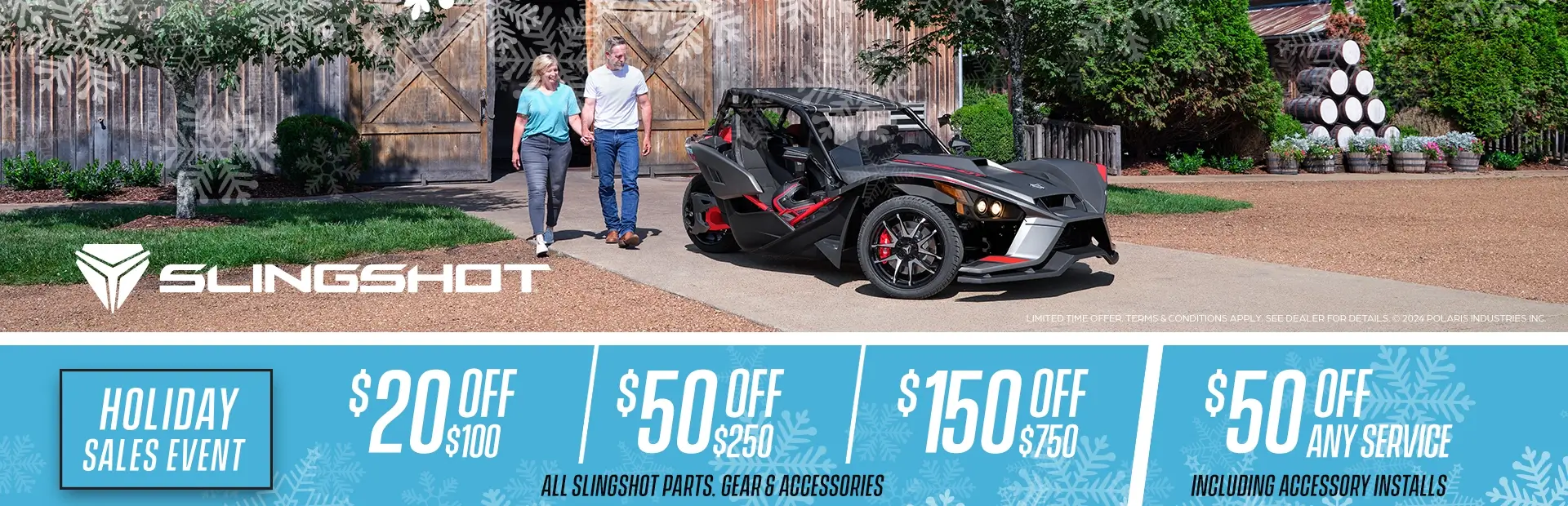 Couple walking towards Polaris Slingshot. Promotional Offer: $20 off $100, $50 off $250, $150 off $750.