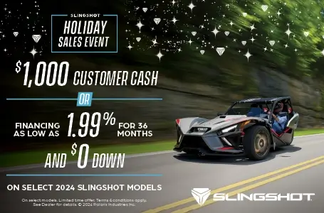 Three slingshots driving down on an open road. Promotional Offer: Holiday Sales Event.  $1,000 customer cash or financing as low as 1.99% for 36 months and $0 down on select 2024 slingshot models.