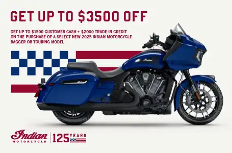 Get up to $3500 off from Customer Cash & Trade-In Credits or 1.99% for 36 months on select 2025 Bagger or Touring Models