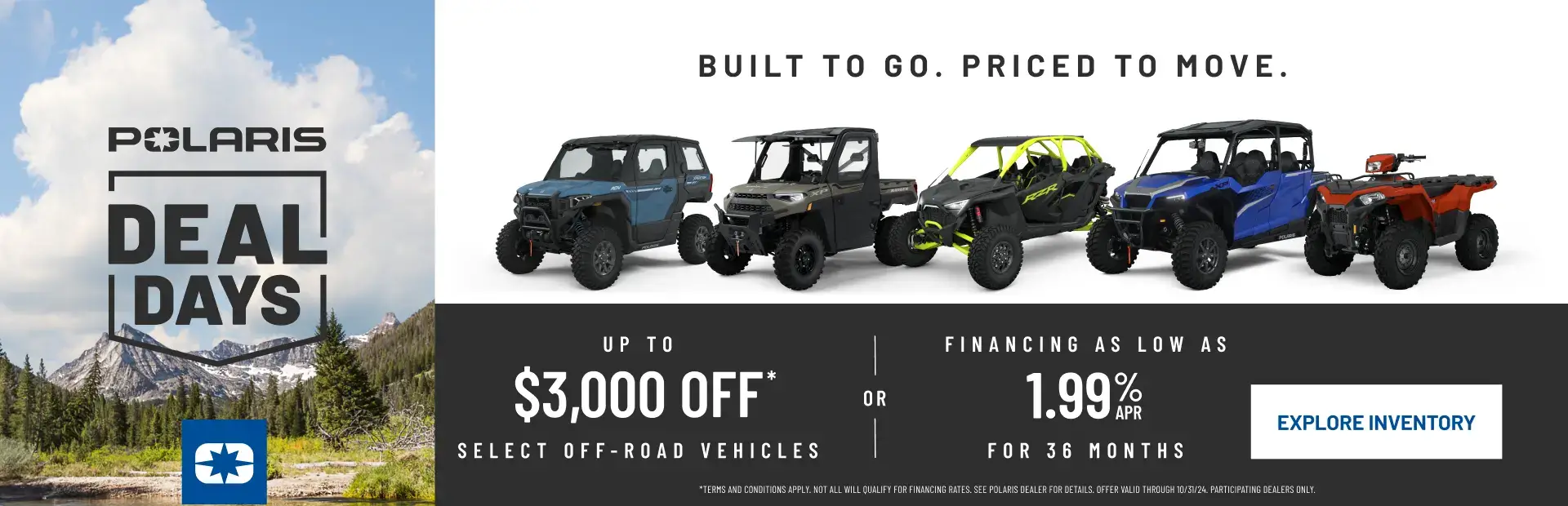 Polaris UTVs and ATVs on sale up to $3000 Off Select Off-Road Vehicles. Financing as Low as 1.99% for 36 months. 