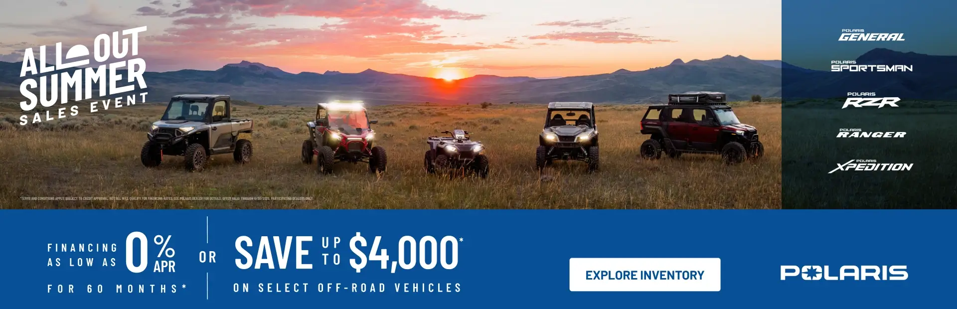 Polaris UTVs and ATVs on sale up to $4000 Off Select Off-Road Vehicles
Financing as Low as 0% for 60 months.