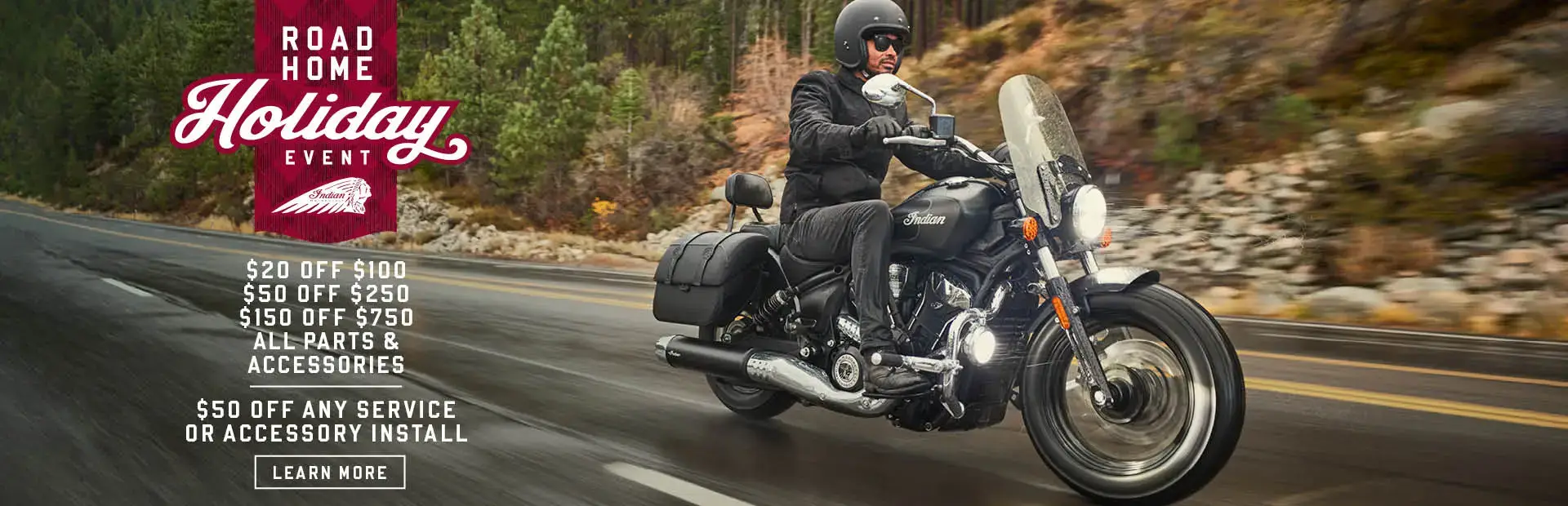 Riding profile image of accessorized Indian Super Scout Promotional Offer: $20 off $100, $50 off $250, $150 off $750 & $50 off any service or accessory install.